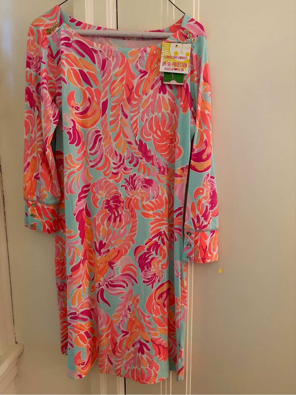 Lilly Pulitzer Aqua Pink Orange Floral Shift Dress with Button-Trim Sleeves